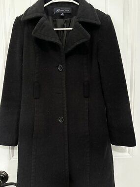 Anne Klein Women's Petite Small (PS) Black Wool Long Peacoat with Notched Collar
